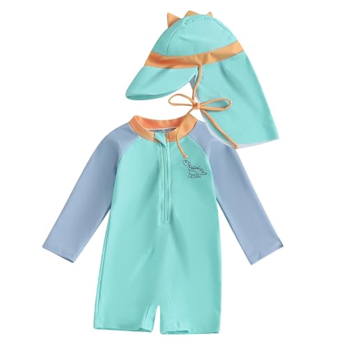 Baby Badeanzug mit Sonnenhut UPF 5+ Einteiliger Reißverschluss Kinderbadeanzug UV Schutz Schwimmanzug Einfaches Anziehen Langarm Schnelltrocknender One Piece Neoprenanzug Badebekleidung -3 Jahre von Generisch
