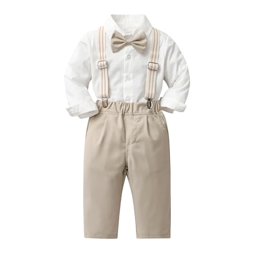 Baby Jungen Bekleidungsset Tops Hose mit Krawatte Kind Kinder Gentleman Outfits Partykleid Strampler Junge 86 (Beige, 12-18 Months) von Generisch