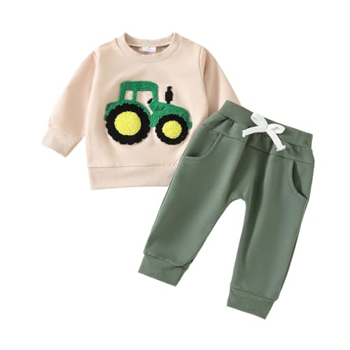 Baby Klamotten Für Jungen 2 Teilig Babykleidung Set Baby Jungen Traktor Auto Jogginganzug Langarm Sweatshirt + Hose Kleinkinder Kleidung Outfit Set Pullover Und Hose Anzug Kinder (Beige, 2-3 Years) von Generisch