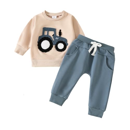 Baby Klamotten Für Jungen 2 Teilig Babykleidung Set Baby Jungen Traktor Auto Jogginganzug Langarm Sweatshirt + Hose Kleinkinder Kleidung Outfit Set Pullover Und Hose Anzug Kinder (Blue, 6-12 Months) von Generisch