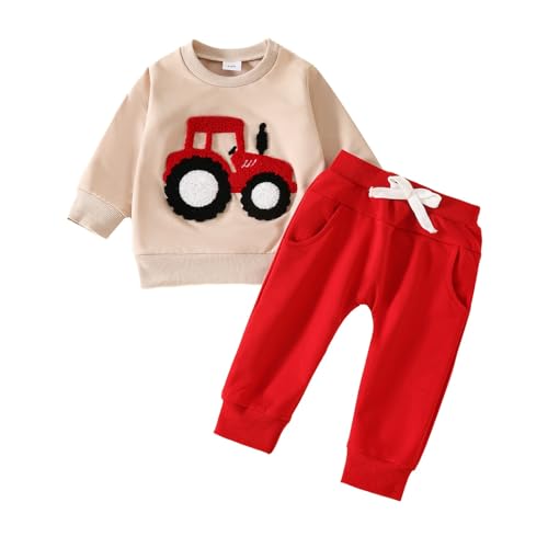 Baby Klamotten Für Jungen 2 Teilig Babykleidung Set Baby Jungen Traktor Auto Jogginganzug Langarm Sweatshirt + Hose Kleinkinder Kleidung Outfit Set Pullover Und Hose Anzug Kinder (Red, 2-3 Years) von Generisch