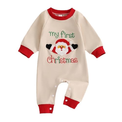 Baby Kleinkind Weihnachten Mein erstes Weihnachtshandtuch Bestickter Langarm Krabbelanzug Strampler Junge (Beige, 3-6 Months) von Generisch