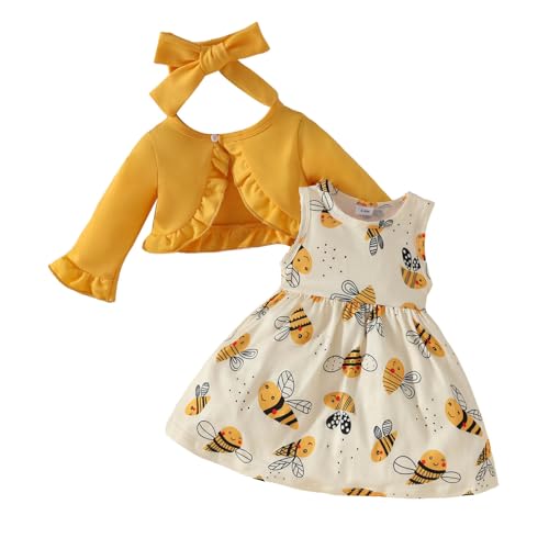 Baby Mädchen Kleid Strickjacke Set Kleinkind Ruffle Mantel Biene Print Rock Kleinkind Langarm Outfit Frühling Baby Bekleidungsets mit Stirnband Mädchen Kleider (Yellow, 18-24 Months) von Generisch