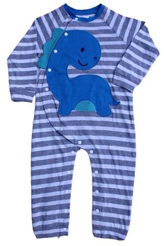 Baby Strampler Einteiler Jungen Schlafanzug Overall Grau Weiß Gestreift Dino Motiv Langarm Jumsuit 44/50-92/98 (DE/NL/SE/PL, Numerisch, 80, 86) von Generisch