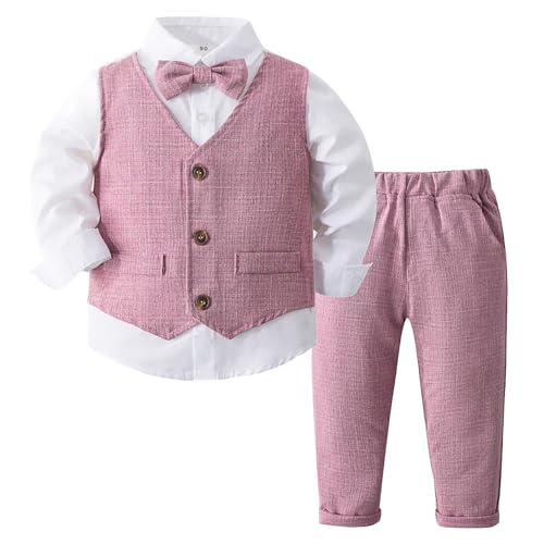 Baby Taufanzug 56 Neugeborene Baby Jungen Frühling Herbst Druck Langarm Romper Body Fliege Hosenträger Hose Hut Gentleman Klassische Outfits Kleidung Pyjama Langarm (Red, 18-24 Months) von Generisch