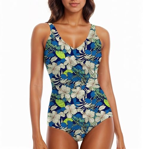 Badeanzug Damen Bauchweg Badeanzüge Mädchen Große Größe Sexy Bademode mit Shaping Effekt (DE/NL/SE/PL, Alphanumerisch, S, Regular, Regular, Blaue Blume) von Generisch