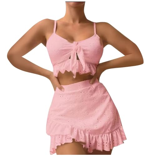 Badeanzug Damen Bauchweg Push Up Bikini Damen Bauch Weg Mit Rock Bademode High Waist 3 Teiler Mit Rüschen Bikinis Frauen Set Cut Out Bikini-Sets Triangel Mit Öse Swimsuits Verstellbare Träger von Generisch