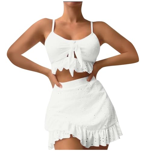 Badeanzug Damen Bauchweg Push Up Bikini Damen Bauch Weg Mit Rock Bademode High Waist 3 Teiler Mit Rüschen Bikinis Frauen Set Cut Out Bikini-Sets Triangel Mit Öse Swimsuits Verstellbare Träger von Generisch