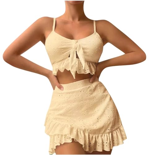 Badeanzug Damen Bauchweg Push Up Bikini Damen Bauch Weg Mit Rock Bademode High Waist 3 Teiler Mit Rüschen Bikinis Frauen Set Cut Out Bikini-Sets Triangel Mit Öse Swimsuits Verstellbare Träger von Generisch