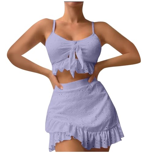 Badeanzug Damen Bauchweg Push Up Bikini Damen Bauch Weg Mit Rock Bademode High Waist 3 Teiler Mit Rüschen Bikinis Frauen Set Cut Out Bikini-Sets Triangel Mit Öse Swimsuits Verstellbare Träger von Generisch