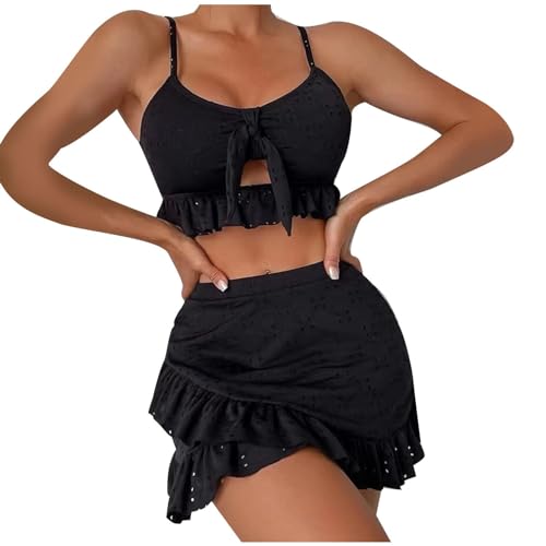 Badeanzug Damen Bauchweg Push Up Bikini Damen Bauch Weg Mit Rock Bademode High Waist 3 Teiler Mit Rüschen Bikinis Frauen Set Cut Out Bikini-Sets Triangel Mit Öse Swimsuits Verstellbare Träger von Generisch