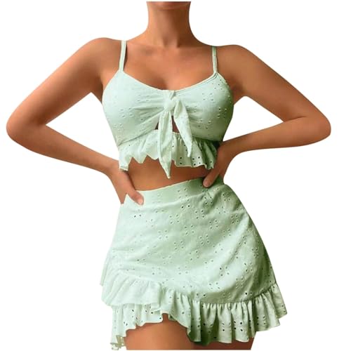 Badeanzug Damen Bauchweg Push Up Bikini Damen Bauch Weg Mit Rock Bademode High Waist 3 Teiler Mit Rüschen Bikinis Frauen Set Cut Out Bikini-Sets Triangel Mit Öse Swimsuits Verstellbare Träger von Generisch