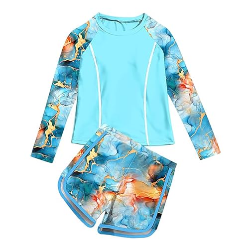 Badeanzug Mädchen 134 Bademode Set Zweiteiliger Badeanzug Rundhals Langarm Shirt und Shorts UV-Badebekleidung Tankini Sets Blumenmuster Surfanzug Sommer Schwimmanzug für Kinder Girls Swimming Costume von Generisch