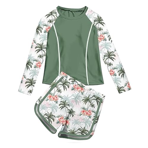 Badeanzug Mädchen 134 Bademode Set Zweiteiliger Badeanzug Rundhals Langarm Shirt und Shorts UV-Badebekleidung Tankini Sets Blumenmuster Surfanzug Sommer Schwimmanzug für Kinder Girls Swimming Costume von Generisch