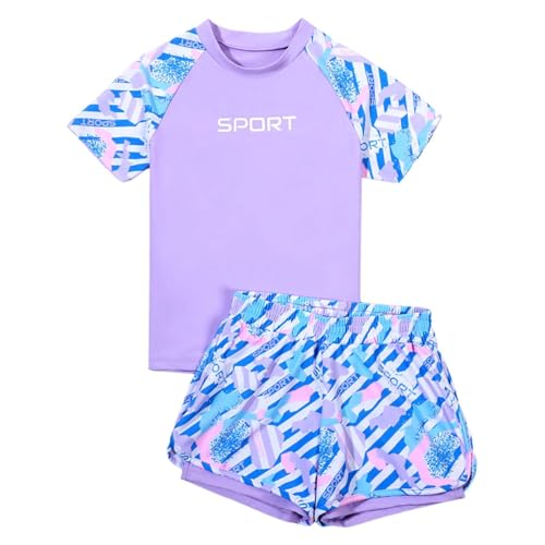 Badeanzug Mädchen Bikini Set Kinder Sommer Zweiteiliges Bademode-Set für Mädchen in Übergröße für Kinder und große Mädchen, Schwimmoberteil und -hose für Strand und Pool Stoffdruck (Purple, 170) von Generisch