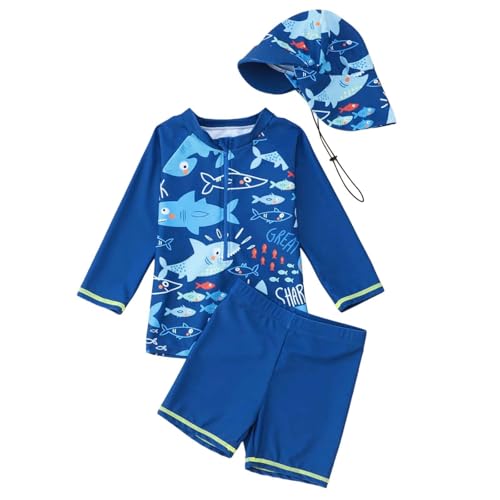 Badehose Jungen Badeshorts Badehosen Kinder Bademode-Set für Jungen für Kleinkinder und Kinder langärmliges Rashguard-Schwimmshirt mit Mütze und Badehose LSF 50+ Sonnen- Strand- (Blue 2-3 Years) von Generisch