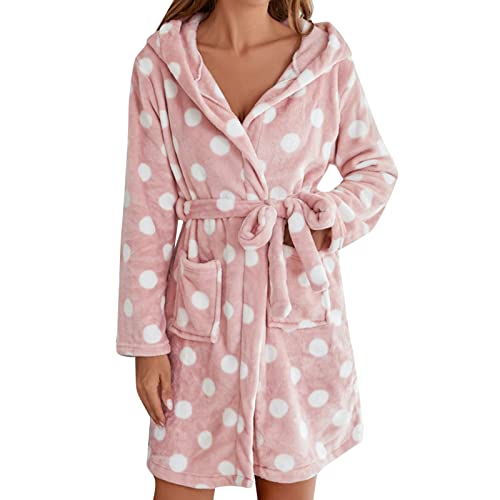 Bademantel Damen Flauschig Mit Kapuze - Fleece Morgenmantel Damen Kurz Punkt Saunamantel Mit Taschen Und Bindegürtel Plüsch Fleece Hausmantel Flanell Loungewear Kuschelig Nachtwäsche Nachthemden von Generisch