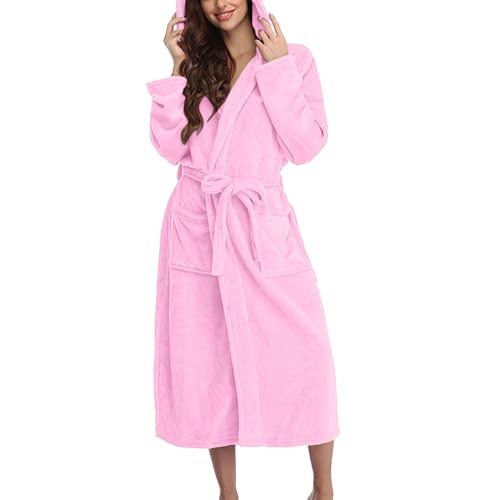 Bademantel Damen Frottee Mit Kapuze Lang | Hausmantel Damen Warm | Pyjama Lang Winter Morgenmantel Flauschig Frotteemantel Winter Nachthemd Langarm Mit Tasche Sleepshirt Rosa Kapuzenbademantel von Generisch