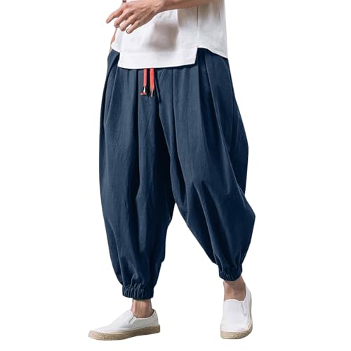 Baggy Haremshose Herren - Japanisch Einfarbige Freizeithose aus Baumwolle und Leinen Loose Casual Latzhose Heimhose Lang Atmungsaktiv Pluderhose Große Größe Elastische Taillen Breit Bein Hose Weiß XL von Generisch