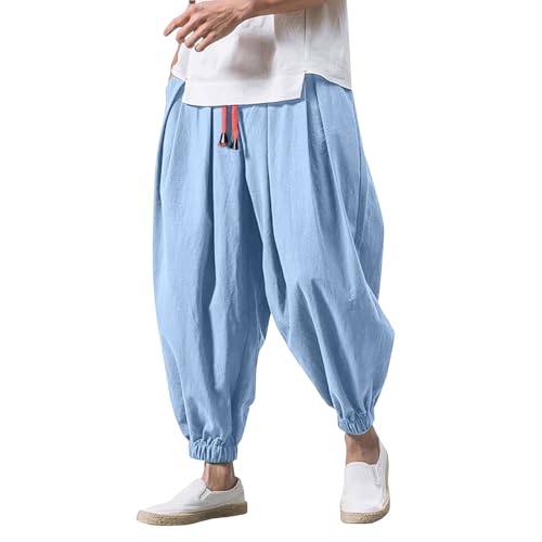 Baggy Haremshose Herren - Japanisch Einfarbige Freizeithose aus Baumwolle und Leinen Loose Casual Latzhose Heimhose Lang Atmungsaktiv Pluderhose Große Größe Elastische Taillen Breit Bein Hose Weiß XL von Generisch