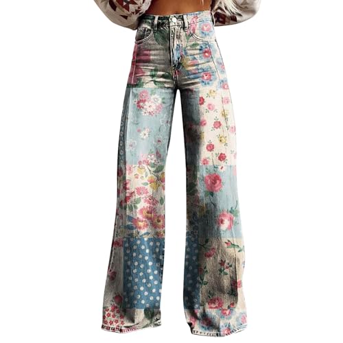 Baggy Jeans Damen 70er Jahre Schlaghose Boho 60er Hose Hippie Blumen High Waist Outfit Disco Kostüm Weite Jeans Damen Gerades Bein Denimhose Stretch High Waist Jeanshosen Bequeme Hose Mit Taschen von Generisch
