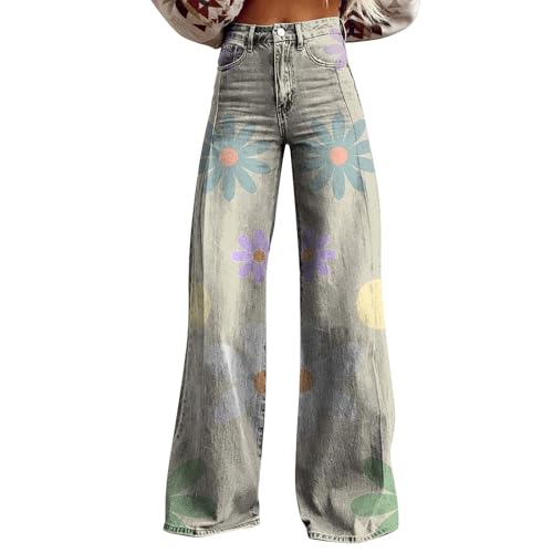 Baggy Jeans Damen 70er Jahre Schlaghose Boho 60er Hose Hippie Blumen High Waist Outfit Disco Kostüm Weite Jeans Damen Gerades Bein Denimhose Stretch High Waist Jeanshosen Bequeme Hose Mit Taschen von Generisch