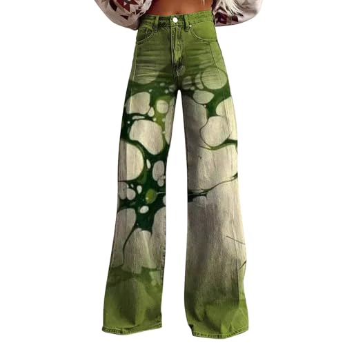 Baggy Jeans Damen 70er Jahre Schlaghose Boho 60er Hose Hippie Blumen High Waist Outfit Disco Kostüm Weite Jeans Damen Gerades Bein Denimhose Stretch High Waist Jeanshosen Bequeme Hose Mit Taschen von Generisch