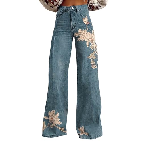 Baggy Jeans Damen 70er Jahre Schlaghose Boho 60er Hose Hippie Blumen High Waist Outfit Disco Kostüm Weite Jeans Damen Gerades Bein Denimhose Stretch High Waist Jeanshosen Bequeme Hose Mit Taschen von Generisch