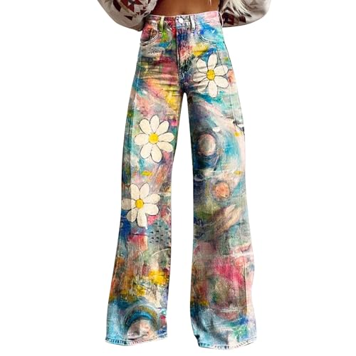 Baggy Jeans Damen 70er Jahre Schlaghose Boho 60er Hose Hippie Blumen High Waist Outfit Disco Kostüm Weite Jeans Damen Gerades Bein Denimhose Stretch High Waist Jeanshosen Bequeme Hose Mit Taschen von Generisch