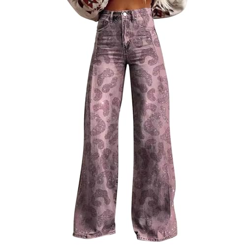 Baggy Jeans Damen 70er Jahre Schlaghose Boho 60er Hose Hippie Blumen High Waist Outfit Disco Kostüm Weite Jeans Damen Gerades Bein Denimhose Stretch High Waist Jeanshosen Bequeme Hose Mit Taschen von Generisch
