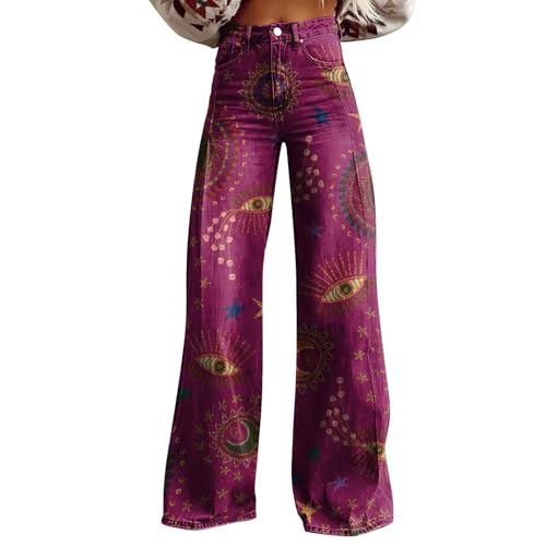 Baggy Jeans Damen 70er Jahre Schlaghose Boho 60er Hose Hippie Blumen High Waist Outfit Disco Kostüm Weite Jeans Damen Gerades Bein Denimhose Stretch High Waist Jeanshosen Bequeme Hose Mit Taschen von Generisch