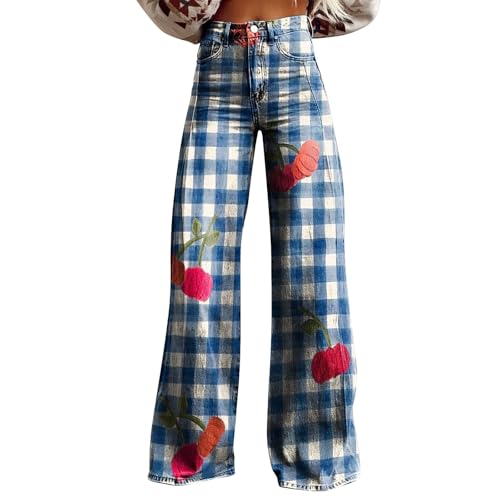 Baggy Jeans Damen 70er Jahre Schlaghose Boho 60er Hose Hippie Blumen High Waist Outfit Disco Kostüm Weite Jeans Damen Gerades Bein Denimhose Stretch High Waist Jeanshosen Bequeme Hose Mit Taschen von Generisch