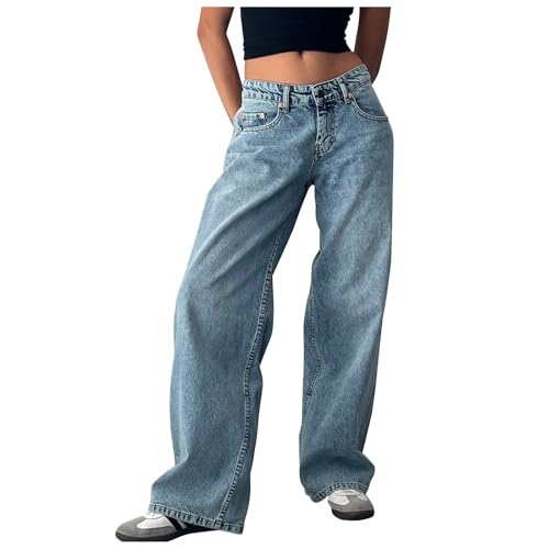 Baggy Jeans Damen Boyfriend Y2k Jeanshose Hip Hop Straight Vintage Low Waist Denim Hose Breites Bein Locker Streetwear Schlupfjeans Freizeithose von Generisch