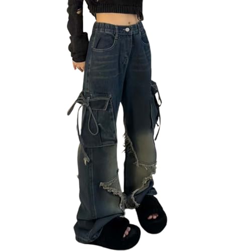 Baggy Jeans Damen Boyfriend Y2k Jeanshose Hip Hop Straight Vintage Low Waist Denim Hose Breites Bein Locker Streetwear Schlupfjeans Freizeithose von Generisch