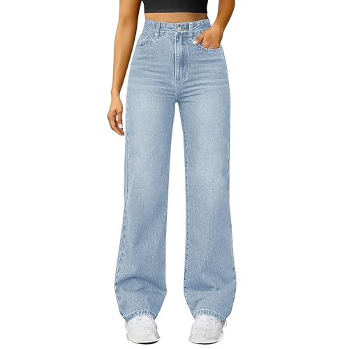 Baggy Jeans Damen High Waist Jeanshose Straight Leg Denim Hose Streetwear Y2K Hosen Oversize Denimhose mit Knopfleiste und Taschen Loose Passform Damenjeans Freizeithose Teenager-Mädchen von Generisch
