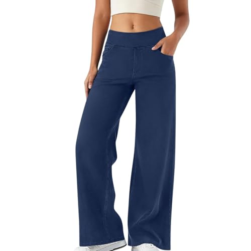 Baggy Jeans Damen High Waist - Jeanshose Weites Bein Straight Leg Jeanshosen Lockere Bequeme Denimhose Einfarbig Elastische Leichte Y2K Boyfriend Stretch Jeans Streetwear Warm Freizeithose mit Taschen von Generisch