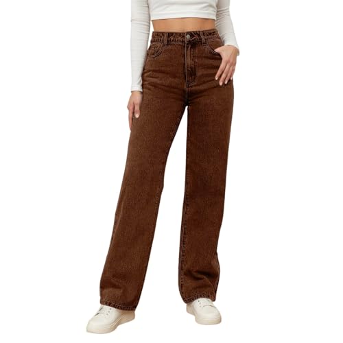 Baggy Jeans Damen High Waist Wide Leg Mom Fit Hose Stretch Bequeme Freizeithose Weites Bein Straight Gerades Bootcut Locker Denimhose Große Größe Herbst Hosen, Kaffee S von Generisch