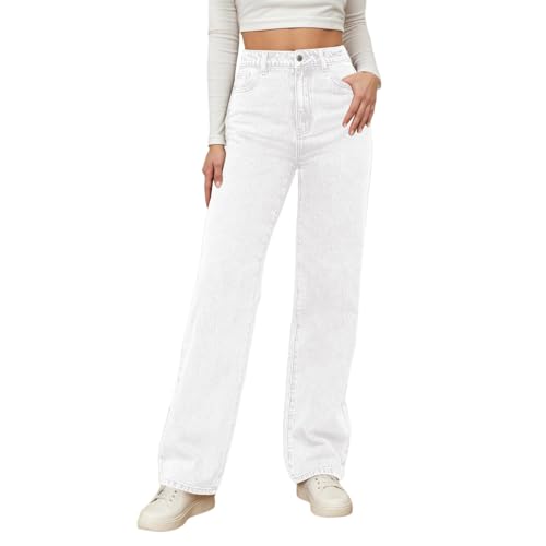 Baggy Jeans Damen High Waist Wide Leg Mom Fit Hose Stretch Bequeme Freizeithose Weites Bein Straight Gerades Bootcut Locker Denimhose Große Größe Herbst Hosen, Weiß S von Generisch