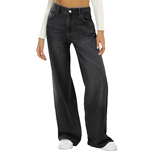 Baggy Jeans Damen Hosen Vintage Knöpfe Hosen für Damen modisch lässig gerades Bein weites Bein Jeans lockere Hosen Jeanshosen Mit Taschen (Black, L) von Generisch