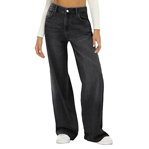 Baggy Jeans Damen Hosen Vintage Knöpfe Hosen für Damen modisch lässig gerades Bein weites Bein Jeans lockere Hosen Jeanshosen Mit Taschen (Black, S) von Generisch