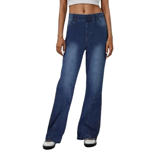 Baggy Jeans Damen Pull On Wide Leg Jeans Mit Gummibund High Waist Stretch Weite Jeans für Damen Weite Jeans mit hoher Taille weitem Bein Jeanshose Damen Stretch Straight Jeans Mädchen (Blue, L) von Generisch