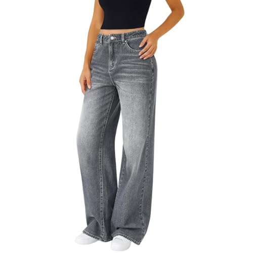 Baggy Jeans Damen Weites Bein Jeanshosen High Waist Y2K Straight Leg Jeans Baggy Hose Vintage Gerades Bein Loose Casual Freizeithose Hohe Taille Denim Pants Bequeme Loose Fit Breite Hose Grey,L von Generisch