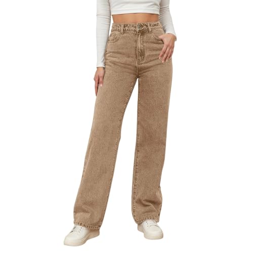 Baggy Jeans Damen Y2K High Waist Jeanshose Weites Bein Damen Oversized Denimhose Loose Hosen Hip Hop Jogginghose Stretch Freizeithose Schlupfjeans Khaki XXL von Generisch