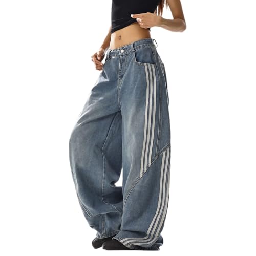 Baggy Jeans Damen Y2k: 2000s Clothes Hoch Tailliert Cargo Hosen Gerade Weites Bein Gothic Grunge Graphic Harajuku(Blue,S) von Generisch
