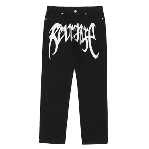 Baggy Jeans Herren Y2K mit Print Hip Hop Baggy Gerades Bein Gewaschene Jeans Vintage Pants Breite Hose mit Schrift Vorne, Baggy Loose Fit Schwarz Jeanshose Hosen Freizeithose für Jungs Männer von Generisch