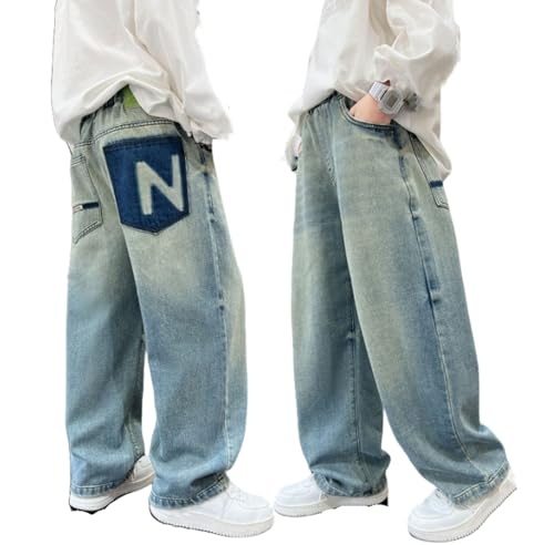 Baggy Jeans Jungen Denim Hosen mit Elastischem Bund und Taschen Kinder Weite Bein Denimhose Loose Fit Denim Relaxed Lässige Hosen Mode Stretch Streetwear Frühling Freizeithose 2-14 Jahre von Generisch