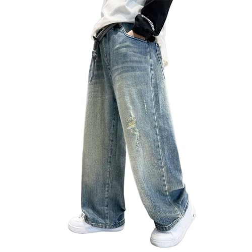 Baggy Jeans Jungen Kinder Weite Bein Denim Hosen Mit Elastische Taille und Taschen Locker Stretch Cargohose Mode Frühling-Herbst Denimhose Freizeit Bequem Streetwear Blue 150 von Generisch
