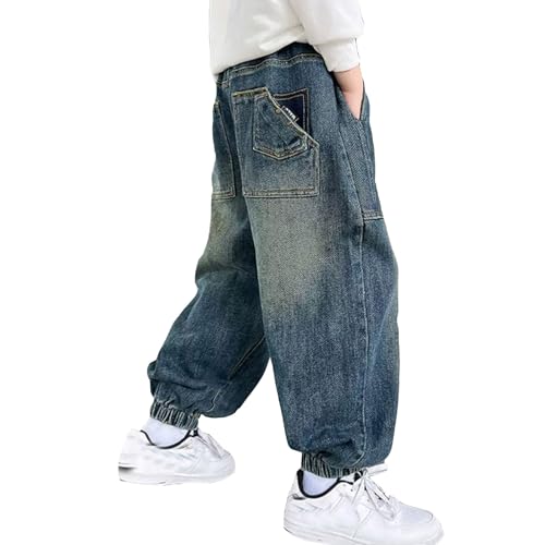 Baggy Jeans Jungen Straight Jeanshose mit Elastischem Bund Kinder Denimhose Loose Fit Cargohose Hosen Jungen Weite Bein Denim Hosen Mit Elastische Taille Taschen Freizeit (Y1-Blue, 6-7 Years) von Generisch
