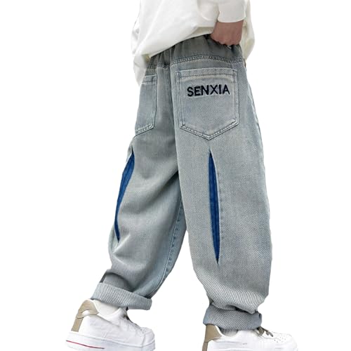 Baggy Jeans Jungen Straight Jeanshose mit Elastischem Bund Kinder Denimhose Loose Fit Cargohose Hosen Jungen Weite Bein Denim Hosen Mit Elastische Taille Taschen Freizeit (Y3-Blue, 11-12 Years) von Generisch