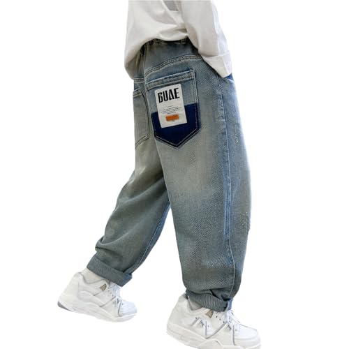 Baggy Jeans Jungen Straight Jeanshose mit Elastischem Bund Kinder Denimhose Loose Fit Cargohose Hosen Jungen Weite Bein Denim Hosen Mit Elastische Taille Taschen Freizeit (Y5-Blue, 11-12 Years) von Generisch